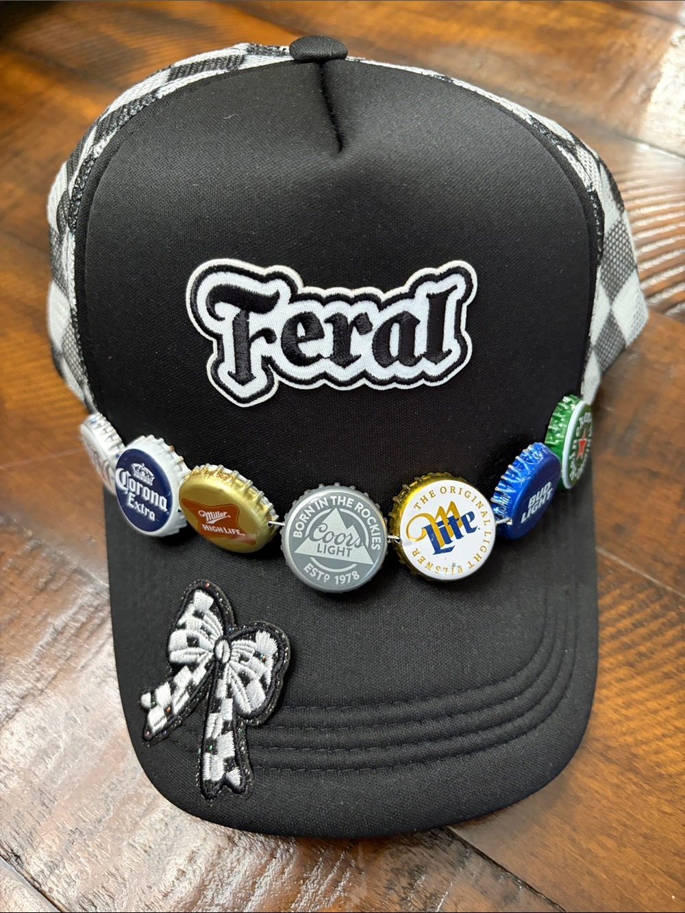 Black Trucker Cap with Decorative Bottlecap Accents